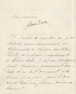 Brief van 14 januari 1888 van Ensor aan Maus waarin Ensor Maus erop wijst dat hij geen verplaatsingen, veranderingen en verknippingen van titels tolereert.